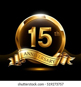 15 years golden anniversary logo celebration with ring and ribbon.