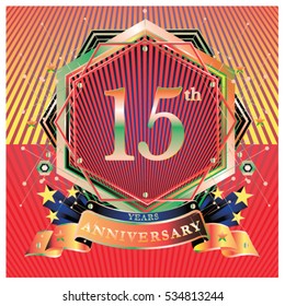 15 years golden anniversary logo celebration with ring and ribbon.
