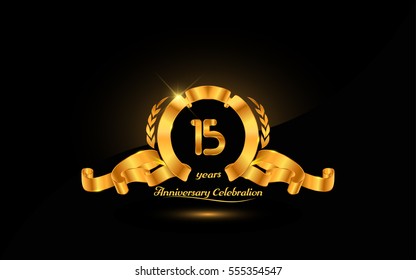 15 years golden anniversary logo celebration with ribbon and laurel.