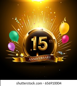 15 years golden anniversary logo celebration with ring, ribbon, firework, and balloon