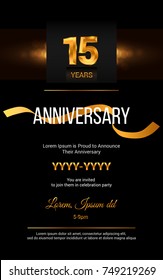 15 Years Golden Anniversary Logo Celebration And Invitation Card With Gold Ribbon Isolated On Dark  Background