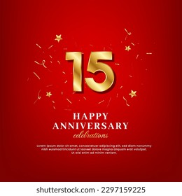 15 years of golden numbers, anniversary celebrating text, ad anniversary congratulation text with golden confetti spread on a red background