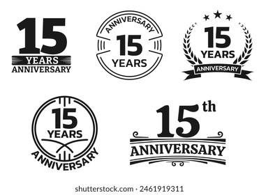 15 years icon or logo set. 15th anniversary celebrating sign or stamp. Jubilee, birthday celebration design element. Vector illustration.