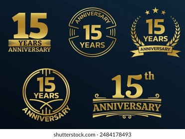 15 years icon or logo set. 15th anniversary celebrating golden sign or stamp. Jubilee, birthday celebration design element. Vector illustration.