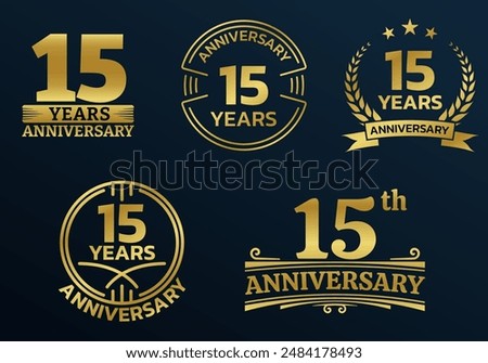 15 years icon or logo set. 15th anniversary celebrating golden sign or stamp. Jubilee, birthday celebration design element. Vector illustration.