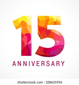 15 years old celebrating fiery logo. Anniversary year of 15 th. Facet congrats, creative numbers. Flaming greetings celebrates with 3D. Stained-glass template. Mosaic red colored background.