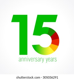 15 years old logo with pie chart. Anniversary year of 15 th, 10s vector round banner numbers. Birthday greetings circle celebrates. Celebrating digits. Colored figures of ages. Abstract graphic design