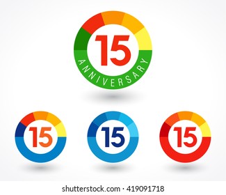 15 years old logotype concept. Coloured 15 th anniversary set. Abstract isolated graphic design template. Celebrating greetings. Congratulating numbers. Financial 15%, 5%, 1% percent off modern sign.