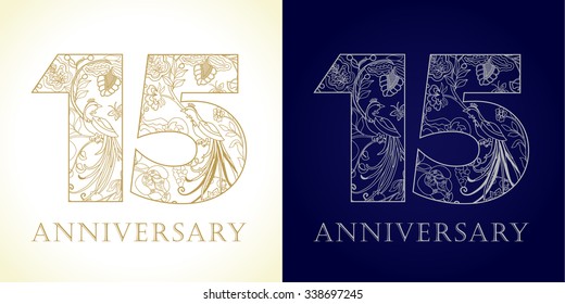 15 years old luxurious celebrating folk numbers. Template gold, silver colored fifteen happy anniversary 15th greetings, ethnics flowers, plants, paradise birds. Traditional congratulating pattern.