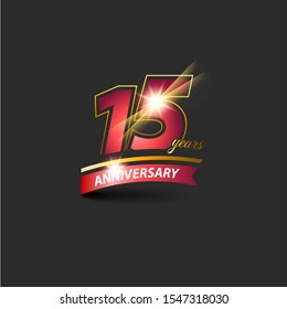 15 Years Red Gold Anniversary Logo with Anniversary Ribbon. Vector eps.10