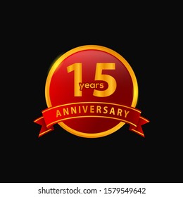 15 Years Red Gold Anniversary Logo with Ribbon Ornaments. Vector eps.10