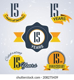 15 Years Of Service/ 15 Years / Celebrating 15 Years / 15th Anniversary - Set Of Retro Vector Stamps And Seal For Business