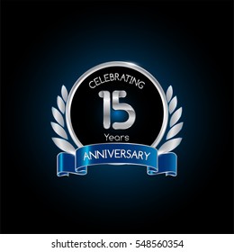 15 years silver anniversary celebration logo with blue ribbon , isolated on dark background