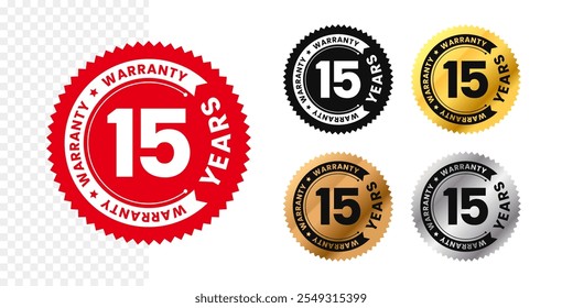 15 años de Garantía. Quince años de Garantía con texto circular. Rojo, negro, oro, plata, bronce color premium. Para la etiqueta engomada, etiqueta, insignia, icono, muestra, emblema, sello, logotipo, sello, símbolo. Vector