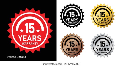 15 años de Garantía. Quince años de Garantía con texto circular. Rojo, negro, oro, plata, bronce color premium. Para la etiqueta engomada, etiqueta, insignia, icono, muestra, emblema, sello, logotipo, sello, símbolo. Vector