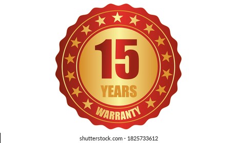 15 years warranty stamp icon or a warranty tag, badge, label, original certified concept seal vector illustration, logo isolated on white background and golden red text
