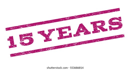 15 Years watermark stamp. Text caption between parallel lines with grunge design style. Rubber seal stamp with unclean texture. Vector purple color ink imprint on a white background.