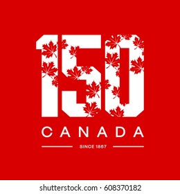 150 anniversary of the founding of Canada maple leaf texture number tee print vector design isolated on red background. Premium quality superior logo concept illustration. Street wear t-shirt badge.