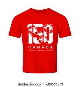 150 anniversary of the founding of Canada maple leaf texture number tee print vector design isolated on red t-shirt mockup. Premium quality logo concept illustration. Street wear t-shirt badge.