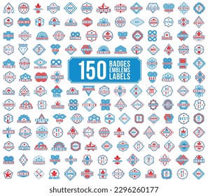150 Abzeichen und Logos große Kollektion für verschiedene Produkte und Unternehmen, hochwertiges Vektordesign-Set, klassische Grafikdesign-Elemente, Insignien und Auszeichnungen.