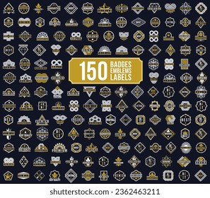150 badges and logos big collection for different products and business, premium best quality vector emblems set, classic graphic design elements, insignias and awards.