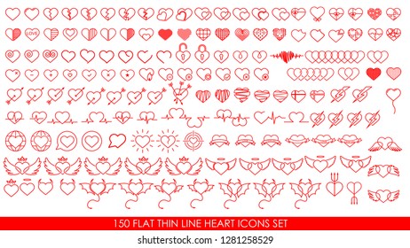 150 FLAT THIN LINE HEART ICONS SET