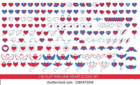 150 FLAT THIN LINE HEART ICONS SET isolated on white