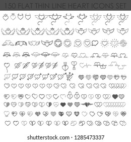 150 FLAT THIN LINE HEART ICONS SET isolated on white