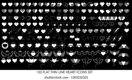 150 FLAT THIN LINE HEART ICONS SET
