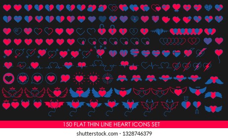 150 FLAT THIN LINE HEART ICONS SET