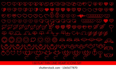 150 FLAT THIN LINE HEART ICONS SET