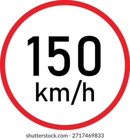 Señal de tráfico de límite de velocidad de 150 km h con círculo rojo sobre fondo blanco: símbolo de regulación de velocidad en carretera, señalización de restricción de velocidad máxima, aviso de seguridad de conducción y reglas de Transporte, ícono de control de velocidad en carretera para la gestión del tráfico y la conciencia de seguridad vial.