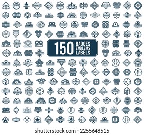 150 premium best quality vector emblems big set, black and white badges and logos collection for different products and business, classic graphic design elements, insignias and awards.