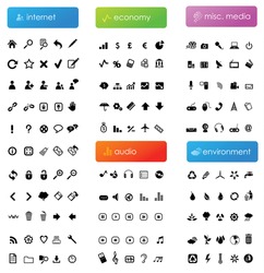 150 vector icons divided into five categories (internet, economy, audio, misc. media and environment)