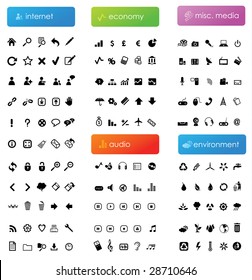 150 vector icons divided into five categories (internet, economy, audio, misc. media and environment)