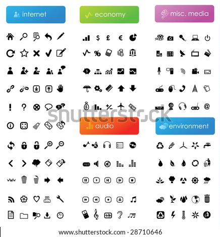 150 vector icons divided into five categories (internet, economy, audio, misc. media and environment)