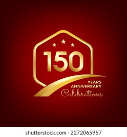 150 years anniversary inside of gold hexagon and curve with red backgrounds