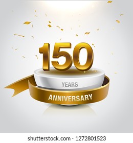 150 years golden anniversary logo celebration with confetti and ribbon - Vector