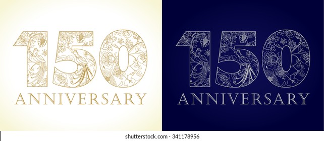 150 years old luxury celebrating numbers. Template gold, silver colored happy anniversary decorating greetings, set of 15 51 1st 5th 10th 50th 15th 51st, st, ten traditional congratulating pattern.