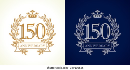 150 years old luxury logotype. Congratulating 150th numbers, heraldic gold color frame. Congrats concept. Celebrating tradition one, five and zero digits. Abstract isolated graphic design template.