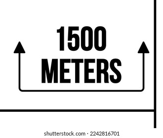 1500 meters. Vector with marked distance and black arrow. Unit of measurement in meters for marking