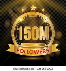 150M Followers Logotype with Gold and red Confetti Isolated on Black Background (PNG), Vector Design for Greeting Card and Social Media.