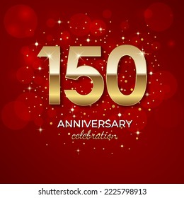 150th Anniversary. Golden number 150 with sparkling confetti and glitters for celebration events, weddings, invitations and greeting cards. Realistic 3d sign. Vector festive illustration