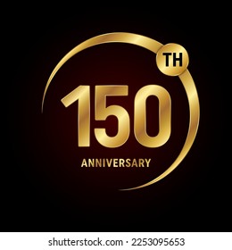 150 aniversario. Concepto de diseño del logo del aniversario con anillo de oro para celebración del aniversario, tarjeta de invitación, tarjeta de saludo, banner, afiche, volante, portada del libro. Plantilla de vectores de logotipos