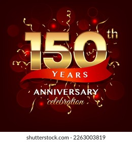 150th Anniversary logo design with golden number and red ribbon for anniversary celebration event, invitation, wedding, greeting card, banner, poster, flyer, brochure, book cover. Logo Vector Template