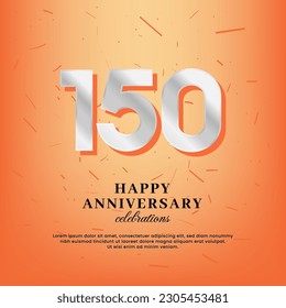 150th anniversary vector template with a white number and confetti spread on an orange background