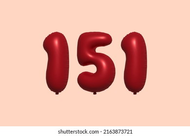 151 3d number balloon made of realistic metallic air balloon 3d rendering. 3D Red helium balloons for sale decoration Party Birthday, Celebrate anniversary, Wedding Holiday. Vector illustration