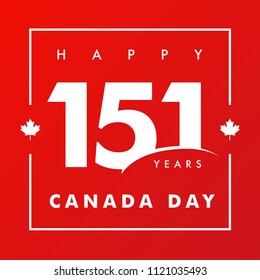 151 years anniversary, Happy Canada Day red banner. Canada Day, national holiday with vector text and red maple leaf. Celebrating Canadian anniversary of independence of 1867 years