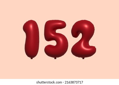 152 3d number balloon made of realistic metallic air balloon 3d rendering. 3D Red helium balloons for sale decoration Party Birthday, Celebrate anniversary, Wedding Holiday. Vector illustration
