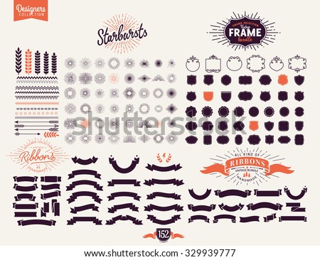 152 Premium design elements. Great for retro vintage logos. Starbursts, frames and ribbons Designers Collection